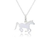 Sterling silver pendant in the shape of a running pony, accompanied by an adjustable chain, presented on a white background.